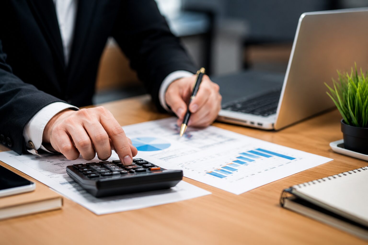 Businessperson in a suit using a calculator and writing on financial charts at a desk