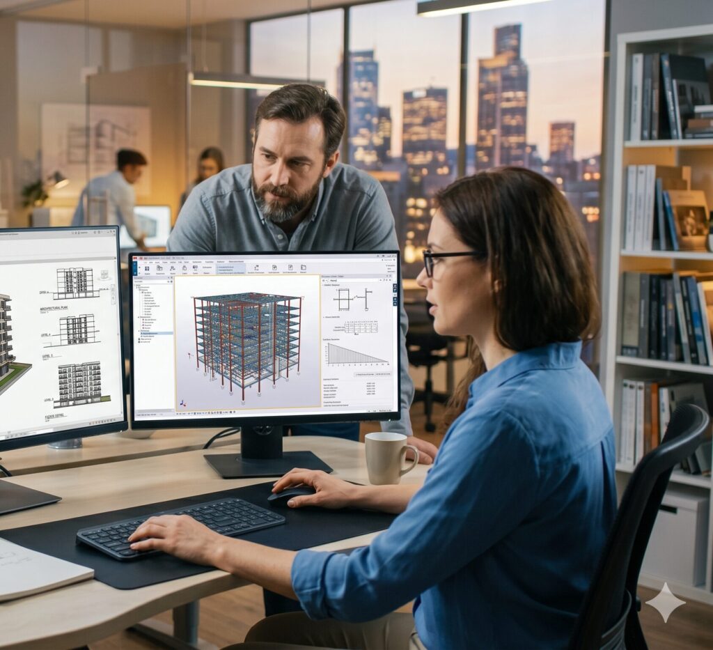 Two coworkers at a desk looking at architectural designs on three monitors one showing a 3D steel frame model and others with blueprints