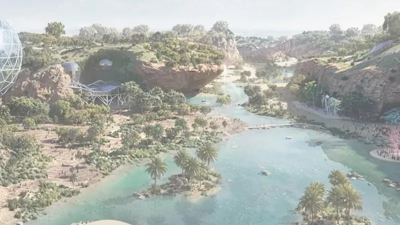 Aerial view of the King Salman Park landscape: a geodesic dome above the escarpment, planted terraces and the water course running through the valley.