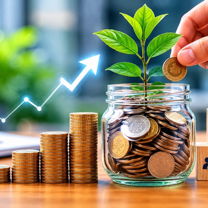 Coins in a jar with a budding plant, symbolizing growth and reinvestment in finance.